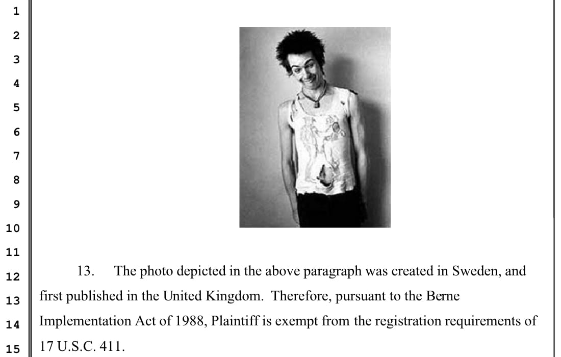 One of Dennis Morris's photos of Sid Vicious that is the subject of the photographer's lawsuit against Richard Prince (screenshot by the author via Scribd)