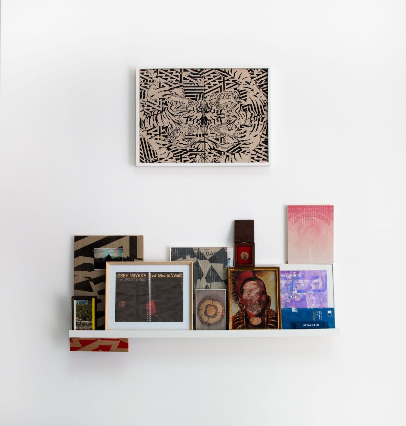 Jason Lujan, "Study for Two Houses at War" (2016, above), paint on linen, framed, 18 x 24 in; and "Found and Collected Items" (2015–16, below), framed and unframed works on shelf, dimensions variable