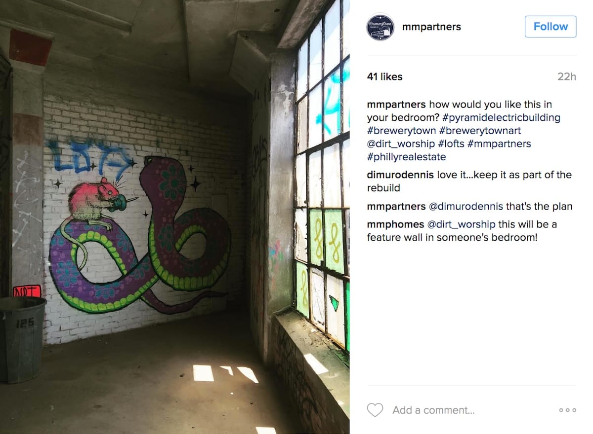An Instagram post by MM Partners touting a mural by Caroline Caldwell as a future condo amenity. (screenshot by the author via @mmpartners/Instagram)