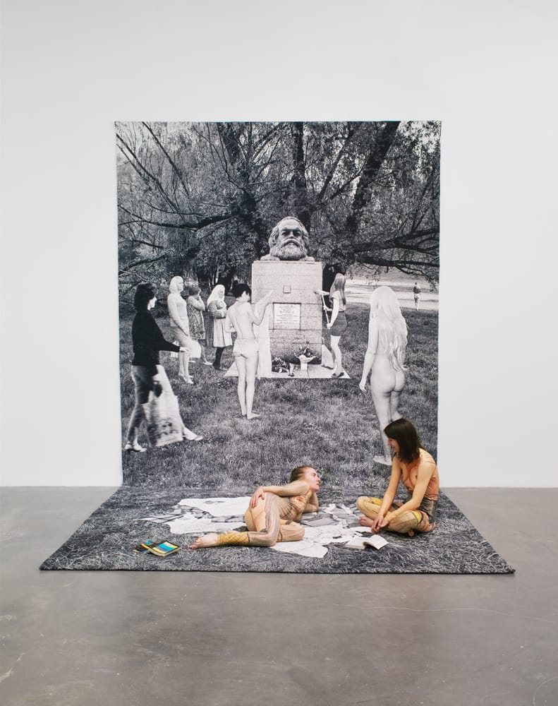 Goshka Macuga, "Death of Marxism, Women of All Lands Unite" (2013), wool tapestry, 220 x 113 1⁄2 in; Collection the Broad Art Foundation