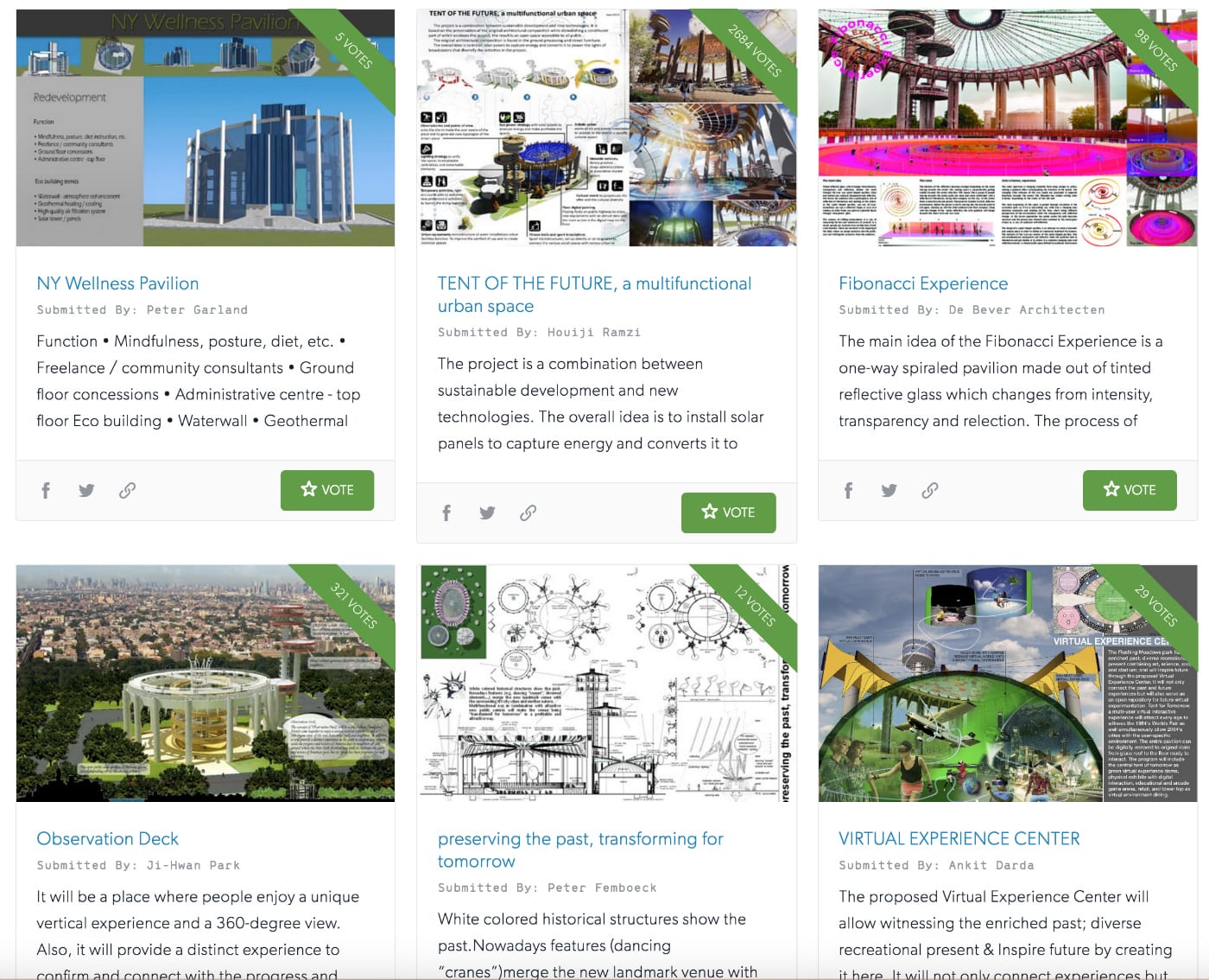 Submissions for the New York State Pavilion Ideas Competition (screenshot by the author for Hyperallergic)