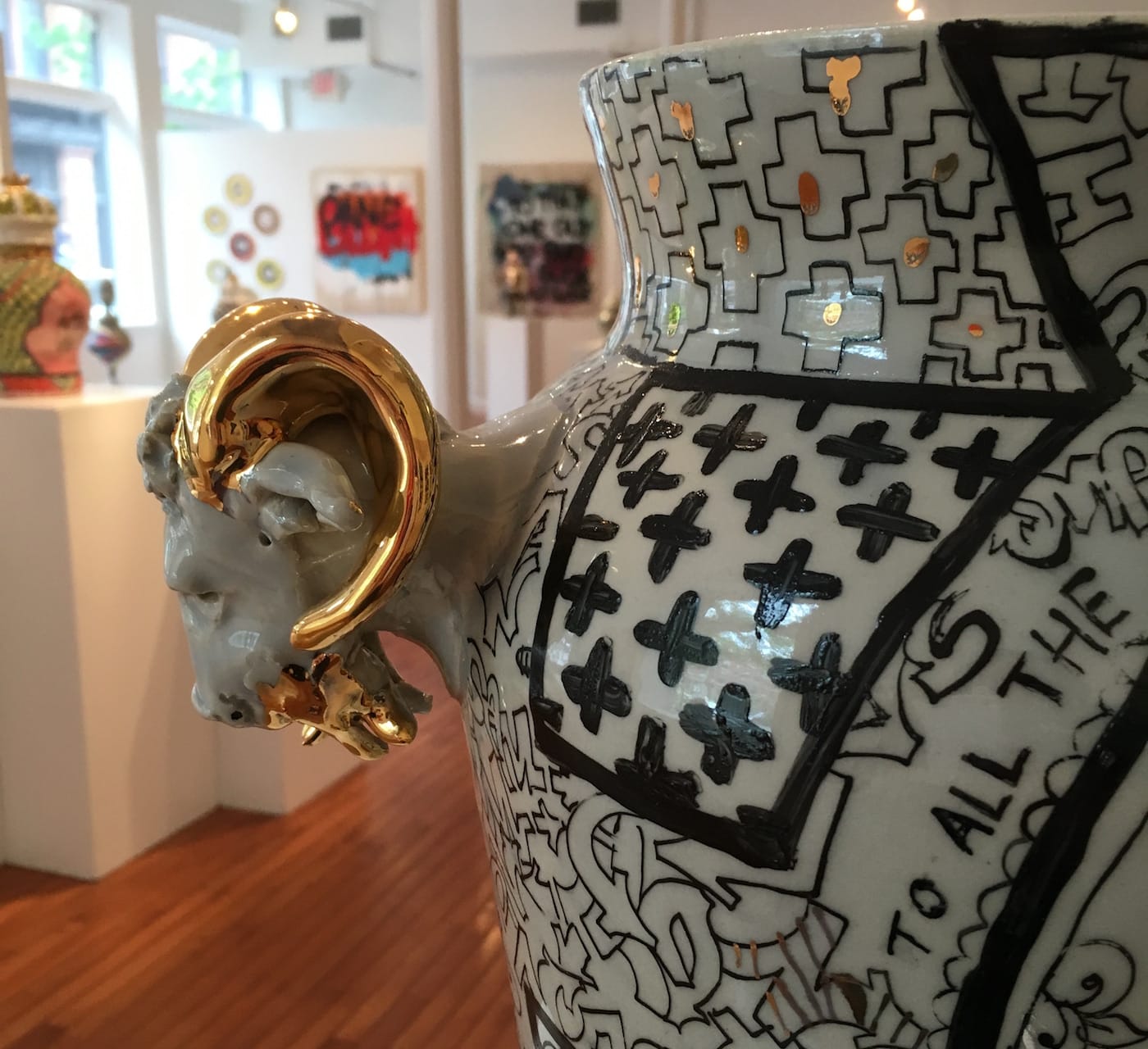 Roberto Lugo, "All about the Benjamins Century Vase" (2016, detail) (photo by the author for Hyperallergic)