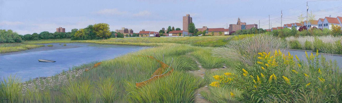 Valeri Larko, "Salt Marsh, Bronx," (2014) Oil on linen 22 x 72 inches
