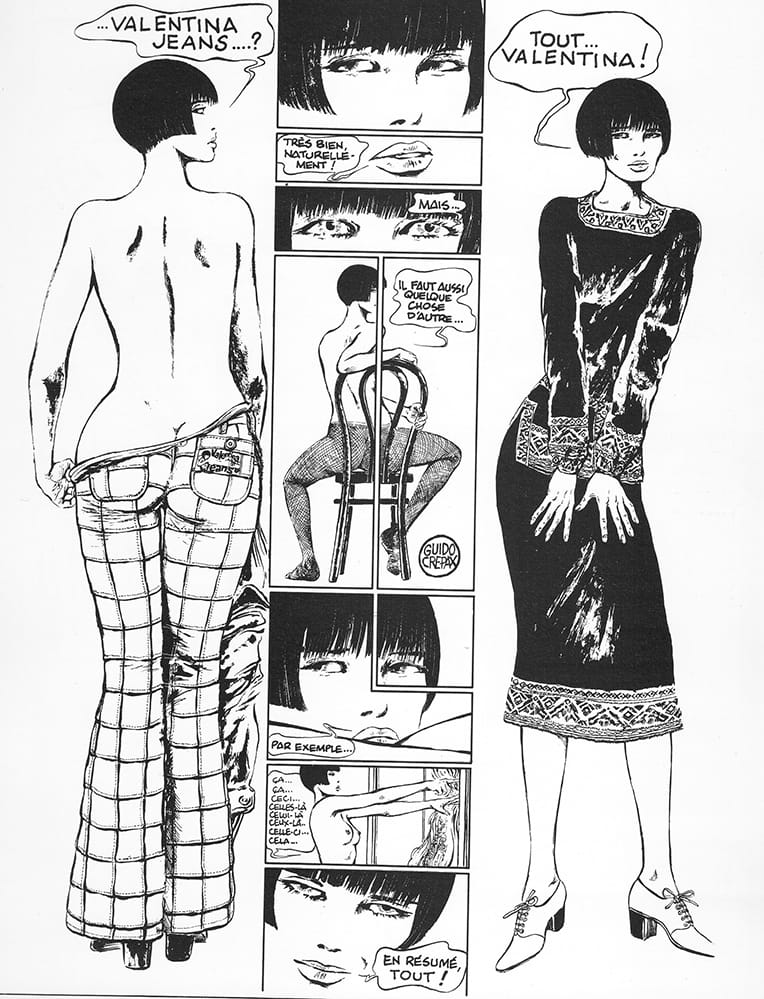 Excerpt from Valentina Jeans, created as advertising poster, first published in Le Portrait Fragmenté, Aedena Editions, Dargaud, Paris, 1986&nbsp;