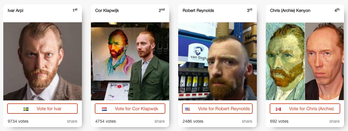 Contestants in Douglas Coupland's I Am Vincent competition (screen shot by the author)