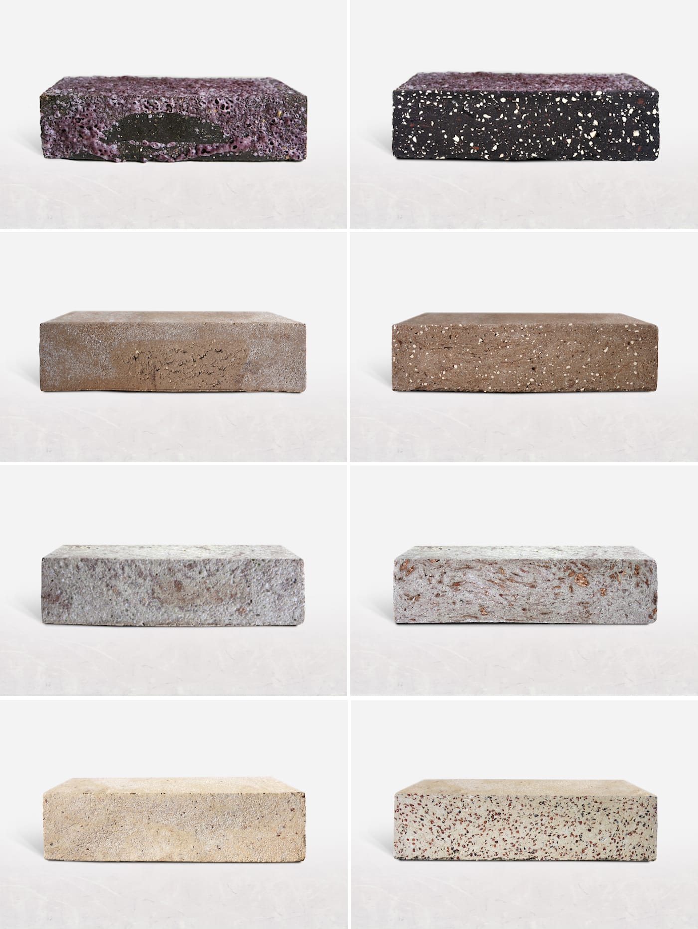"Raw" and "sliced" versions of the Aubergine, Caramel, Mushroom, and Nougat bricks (click to enlarge)