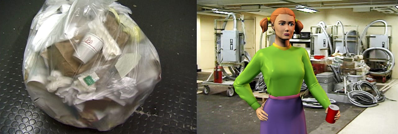 Kristin Lucas, view of “5 Minute Break” (2001), two-channel digital video (https://vimeo.com/107297272) installation, 4 minutes, 35 seconds (courtesy the artist, the Museum of Modern Art, and Postmasters Gallery; single channel video distributed by Electronic Arts Intermix)