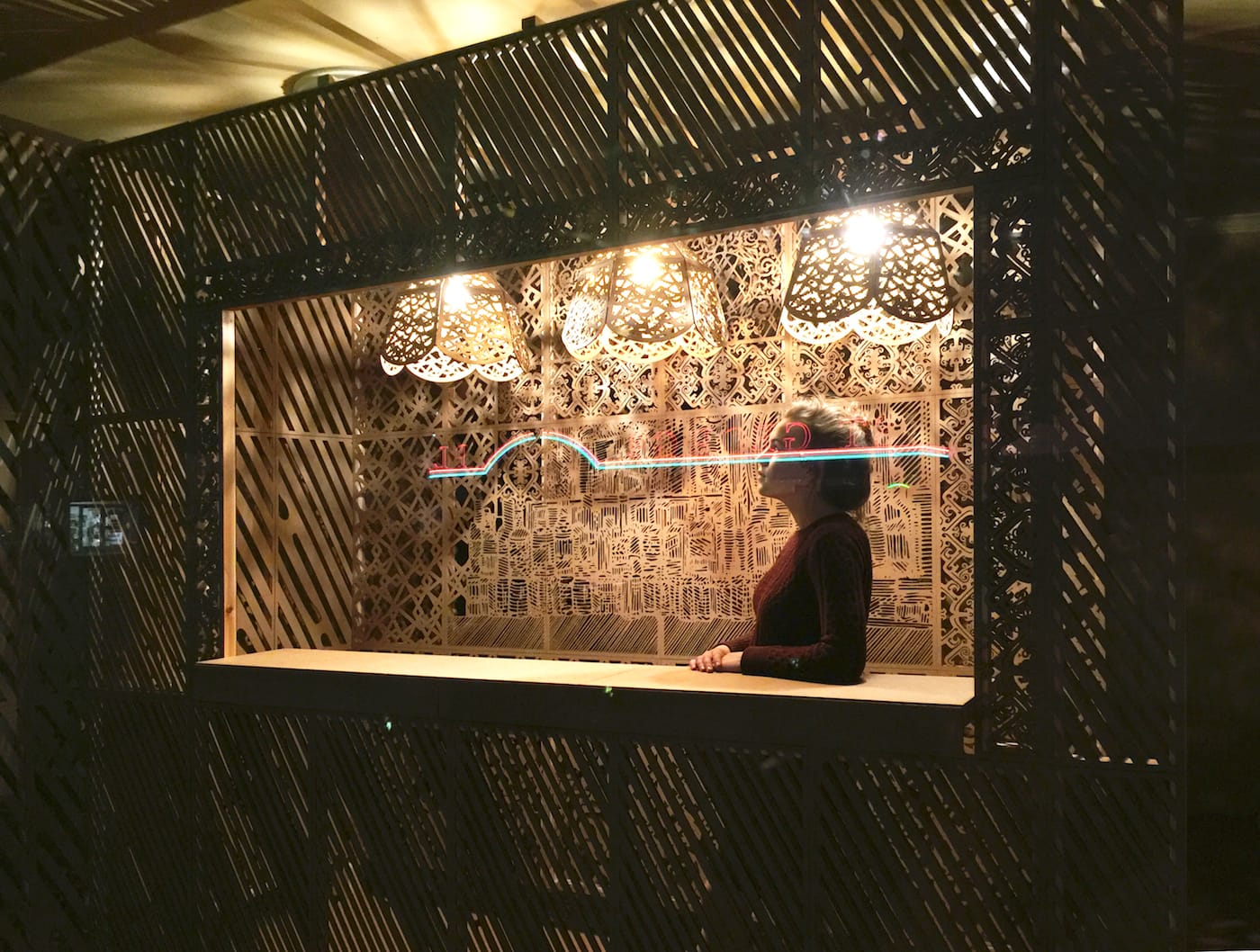 Charlene Liu, "Shadow Palace" (2016), cardboard, wood, lightbulbs, dimensions variable; Portland2016, Rivoli Theatre, Pendelton, Oregon (courtesy of the artist and Disjecta Contemporary Art Center)