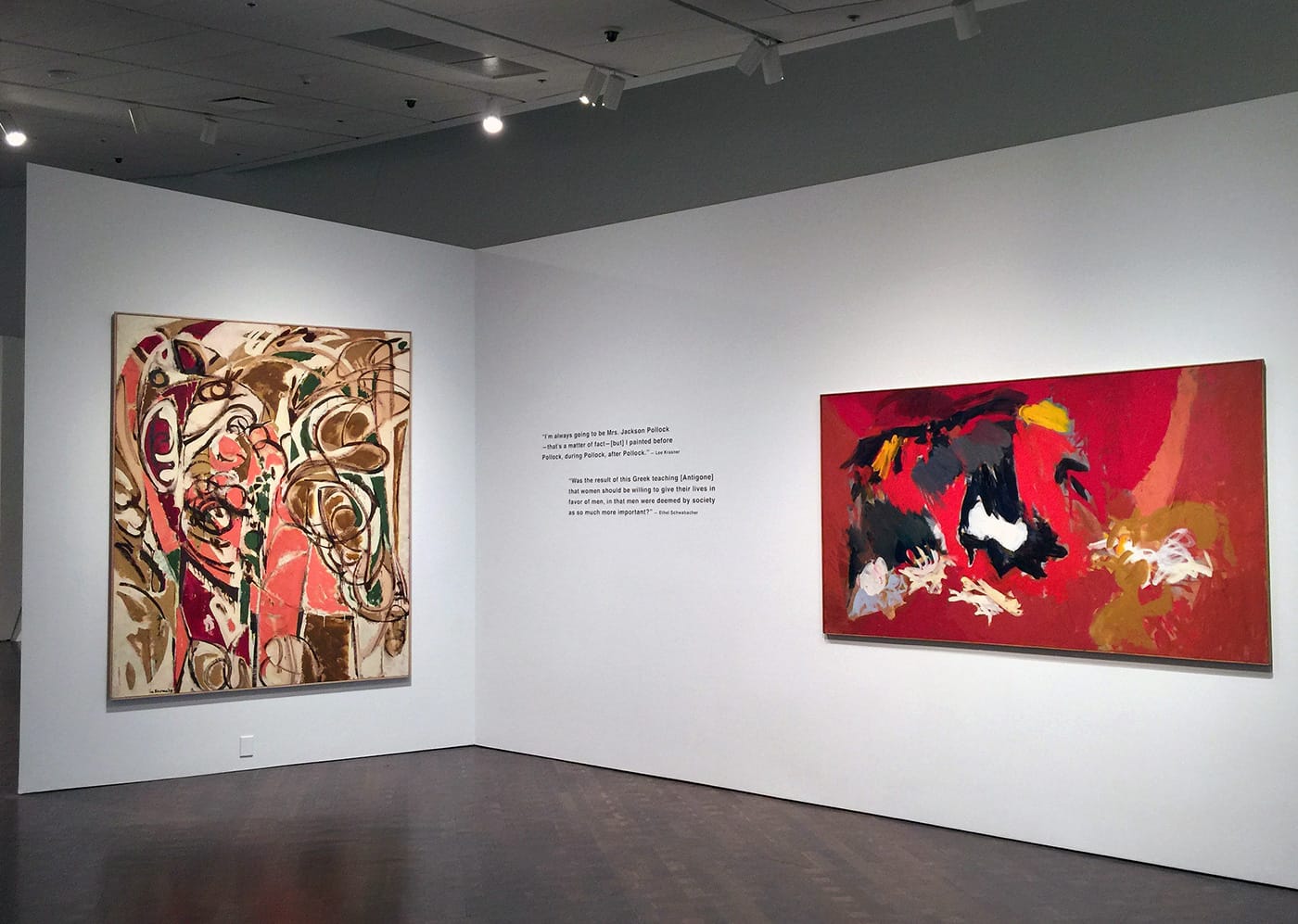 The entrance to the show features a contrast of these two works by (left) Lee Krasner, and (right) Ethel Schwabacher.