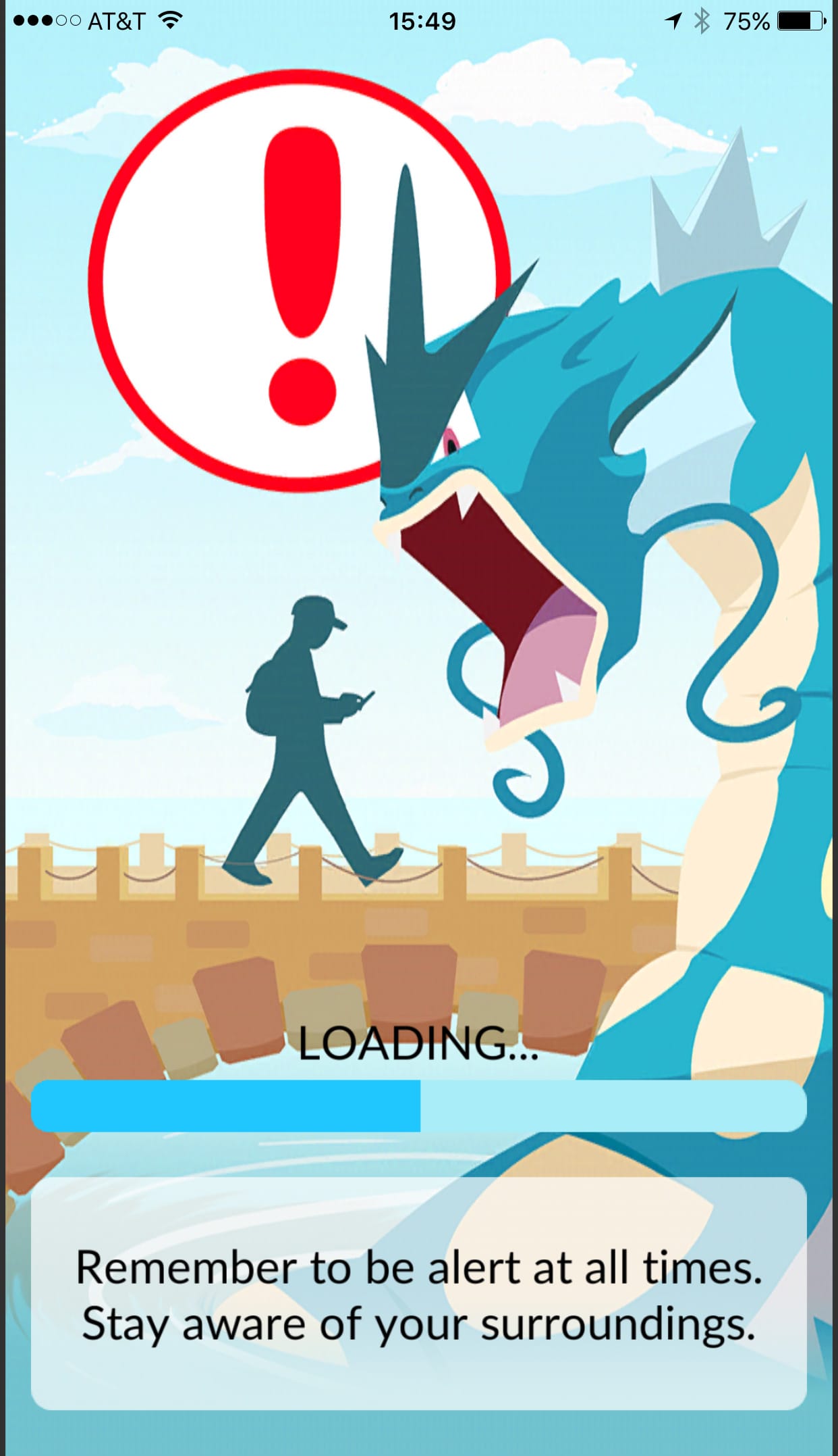 The warning screen that greets though who log into the Pokémon Go app. (screenshot by Hrag Vartanian/Hyperallergic)