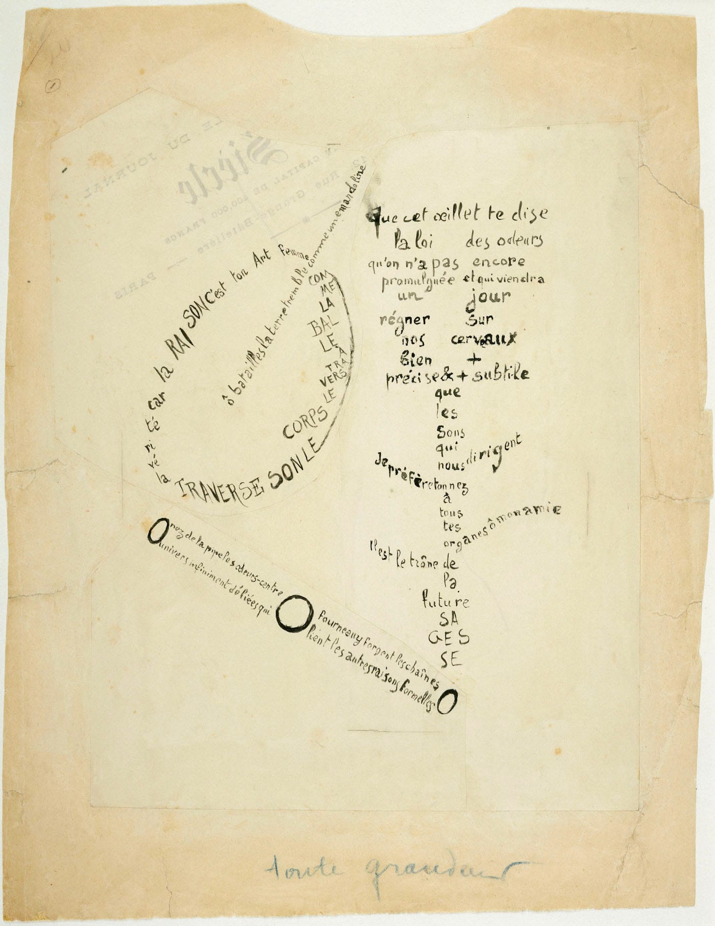Guillaume Apollinaire, "La Mandoline, l'Œillet et le Bambou," calligram from the series 'Étendards' (1914–15), ink on threee pieces of paper, Paris, Musée National d'Art Moderne—Centre Georges Pompidou (© Centre Pompidou, MNAM-CCI, Dist. RMN-Grand Palais / Adam Rzepka)