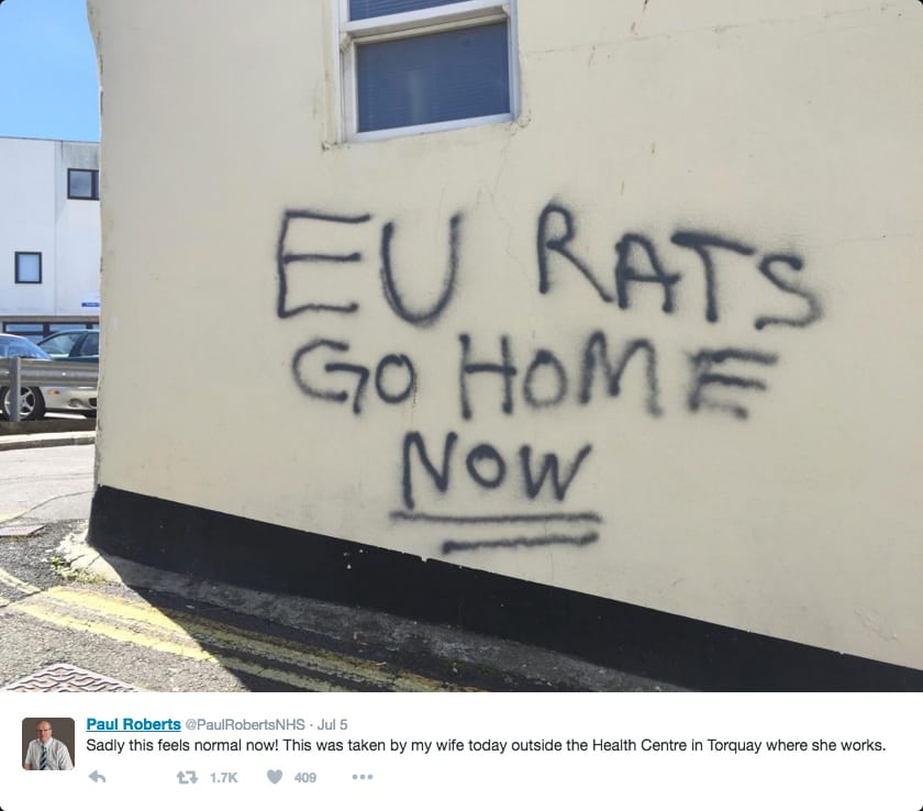 Post-Brexit graffiti in the UK (screenshot via @PaulRobertsNHS/Twitter)