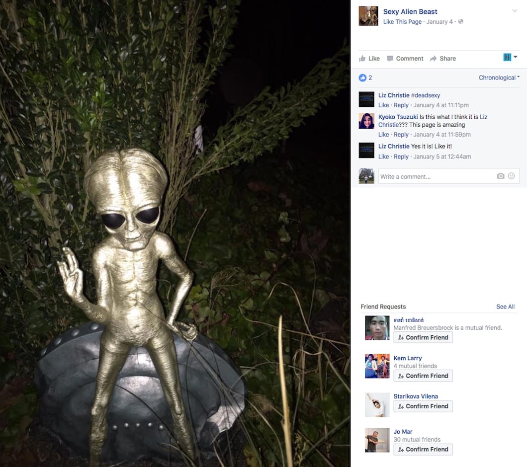 Seattle's recently recovered "Sexy Alien Beast" sculpture (screenshot by the author via Facebook)