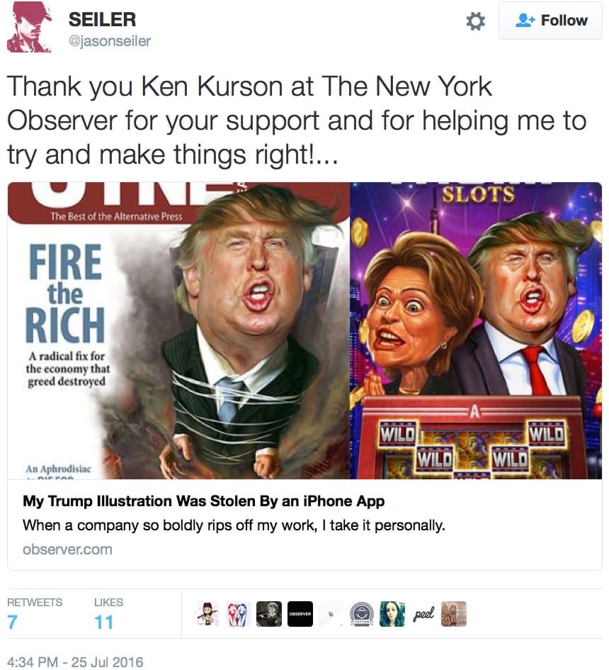 Jason Seiler's 2010 Trump caricature (left) and the artwork for the "Trump Slots" app (screenshot by the author via @jasonseiler/Twitter)