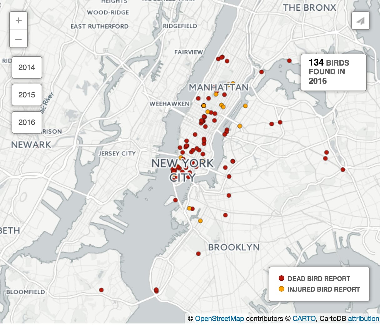 Map of D-Bird sites (via, nycaudubon.org, screenshot by the author for Hyperallergic)