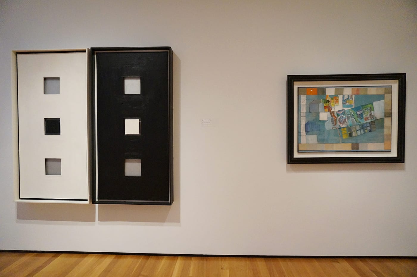 Left: Sol LeWitt, "Double Wall Piece" (1962), oil on canvas and wood; right: Eva Hesse, No title (1964), collage, ink, and watercolor on paper