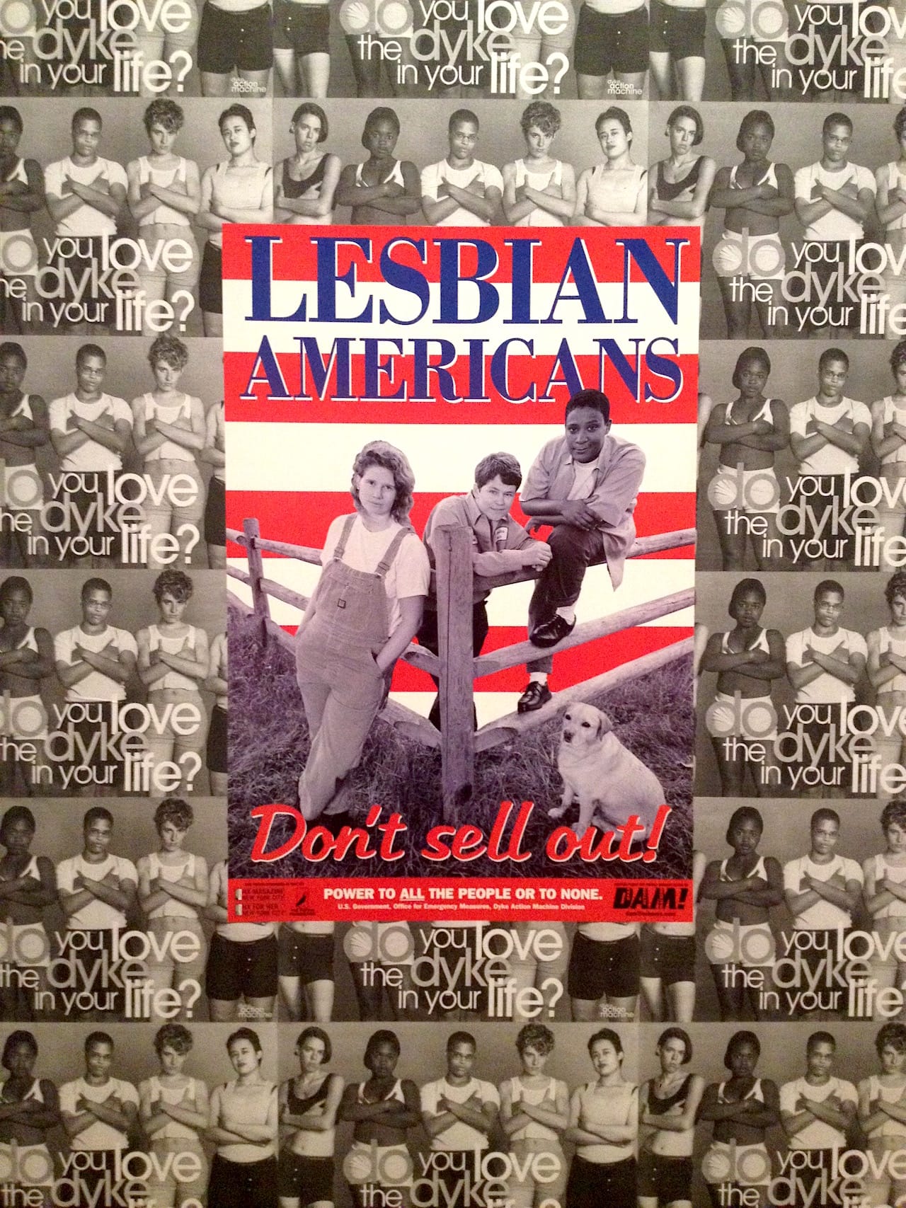 Posters by Dyke Action Machine (Carrie Moyer and Sue Schaffner), “Lesbian Americans: Dont Sell Out” (1998) and “Do You Love the Dyke in Your Life?” (1993) (photo by Tiernan Morgan for Hyperallergic) 