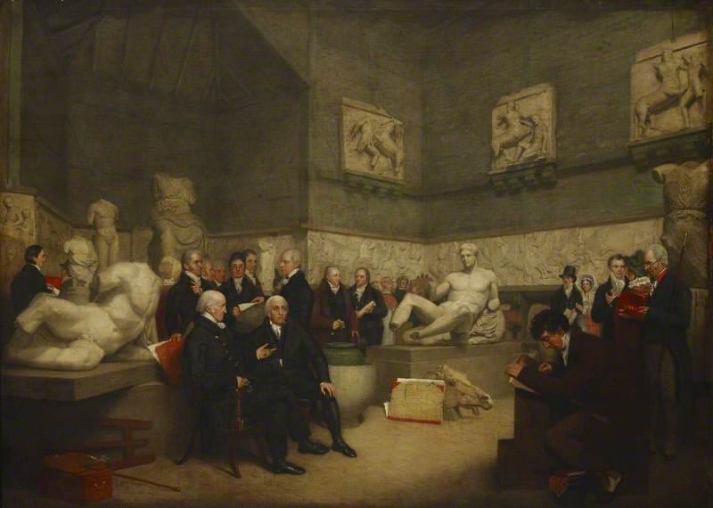 An 1819 painting by Archibald Archer portraying the Temporary Elgin Room at the British Museum (via BBC/Wikimedia)