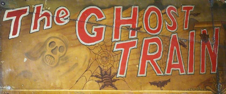 Hall & Fowle, Brett's 'Ghost Train' (showfront) (from a design by Edwin Hall) (1948-49), oil on metal (courtesy the Fairground Heritage Trust)