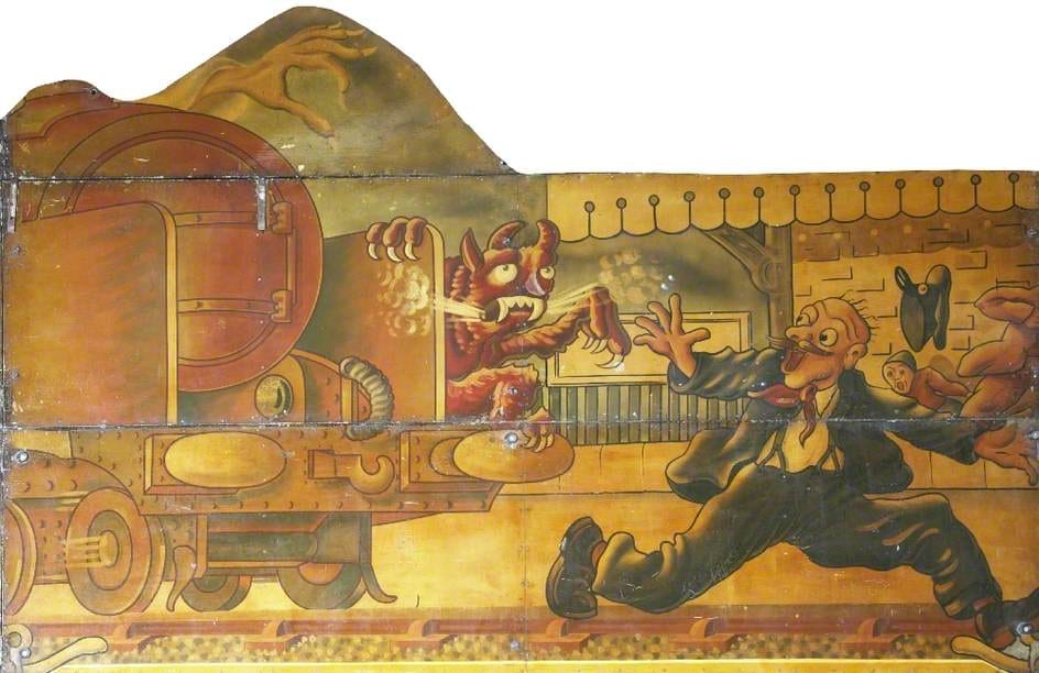 Hall & Fowle, Brett's 'Ghost Train' (showfront) (from a design by Edwin Hall) (1948-49), oil on metal (courtesy the Fairground Heritage Trust)