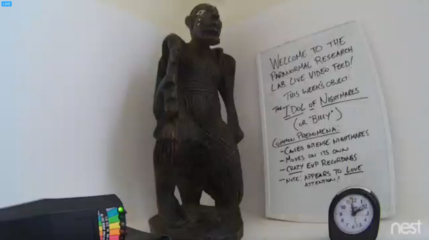 The "Idol of Nightmares" (or "Billy") on the Paranormal Research Lab live video feed