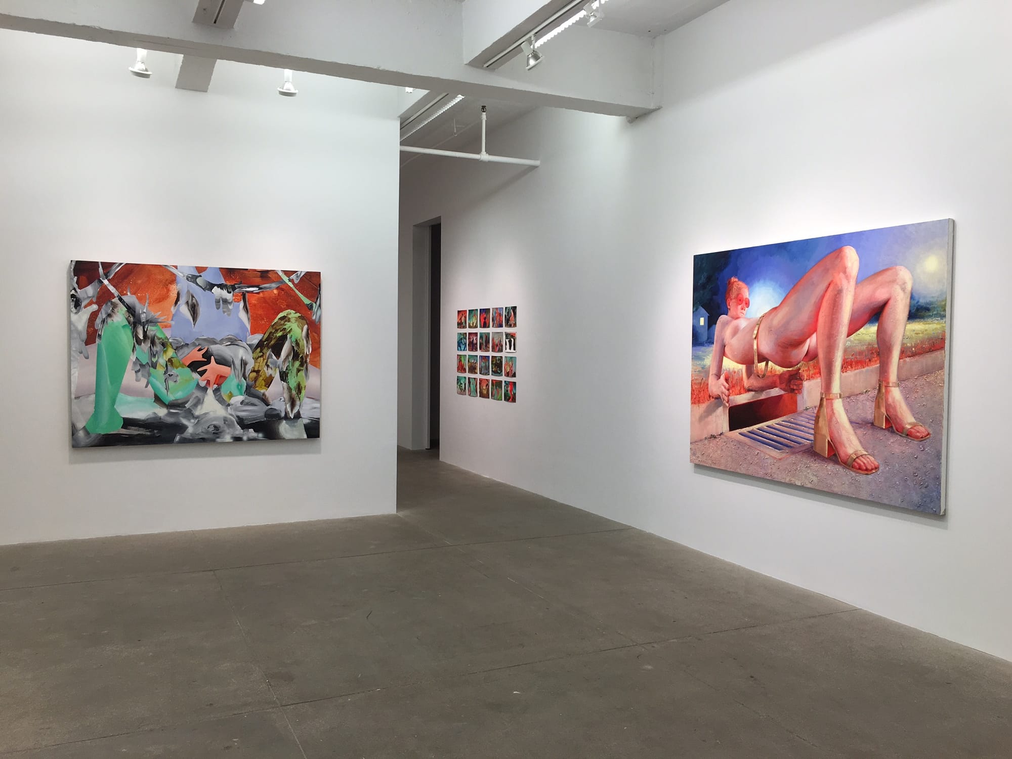 Installation view. Right: Robin F. Williams, In the Gutter, 2015. Oil on canvas. 84 x 63 inches. 