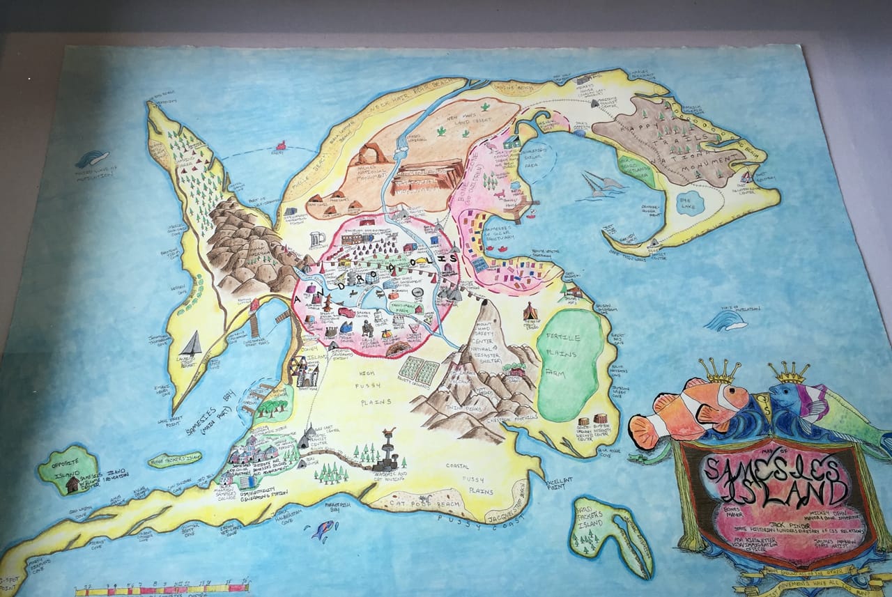 Installation view of Samesies Island by James Mayhew, part of Strange Landscapes at Arlington Arts Center, 2016