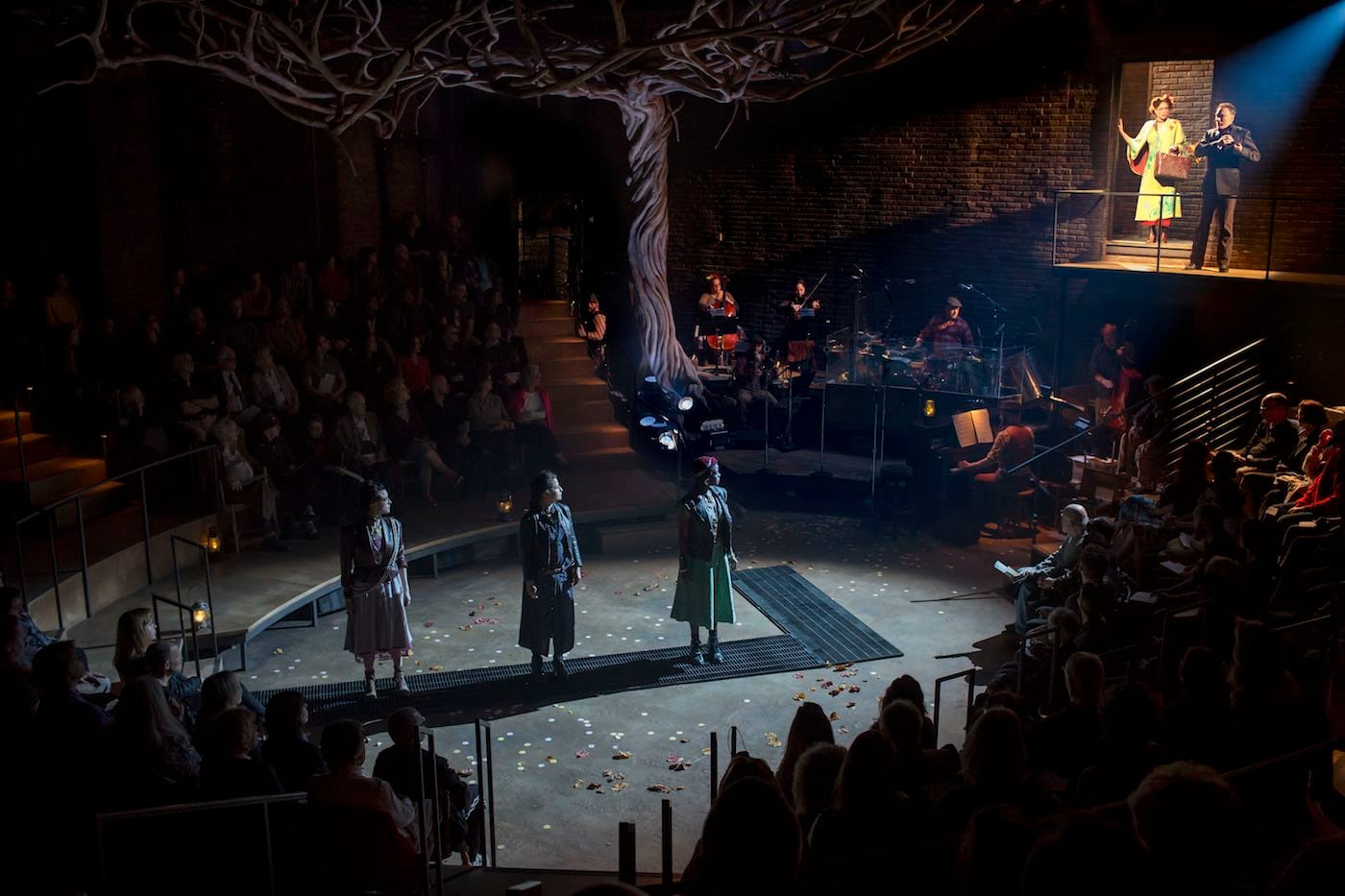 Jessie Shelton, Shaina Taub, Lulu Fall, Amber Gray, and Patrick Page in 'Hadestown' at NYTW (photo by Joan Marcus)