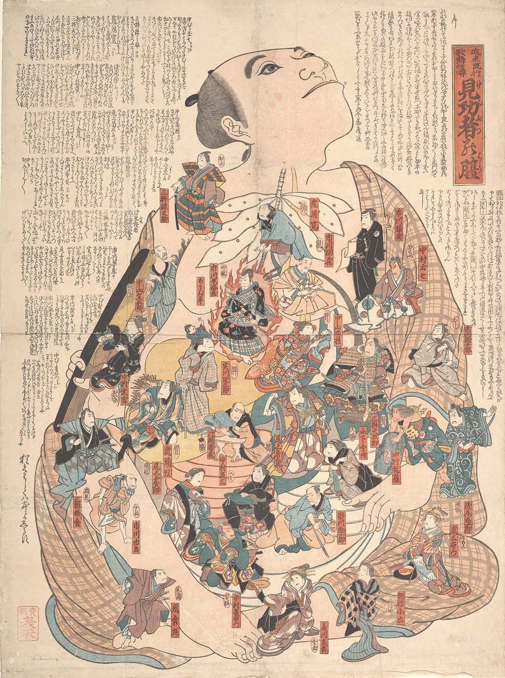 Unknown artist, "Internal bodily functions dramatized by popular kabuki actors (Kinrai ryūkō kabuki uwasa Kenbutsu no hara)" (late 19th century), woodblock (courtesy UC San Francisco, Special Collections)