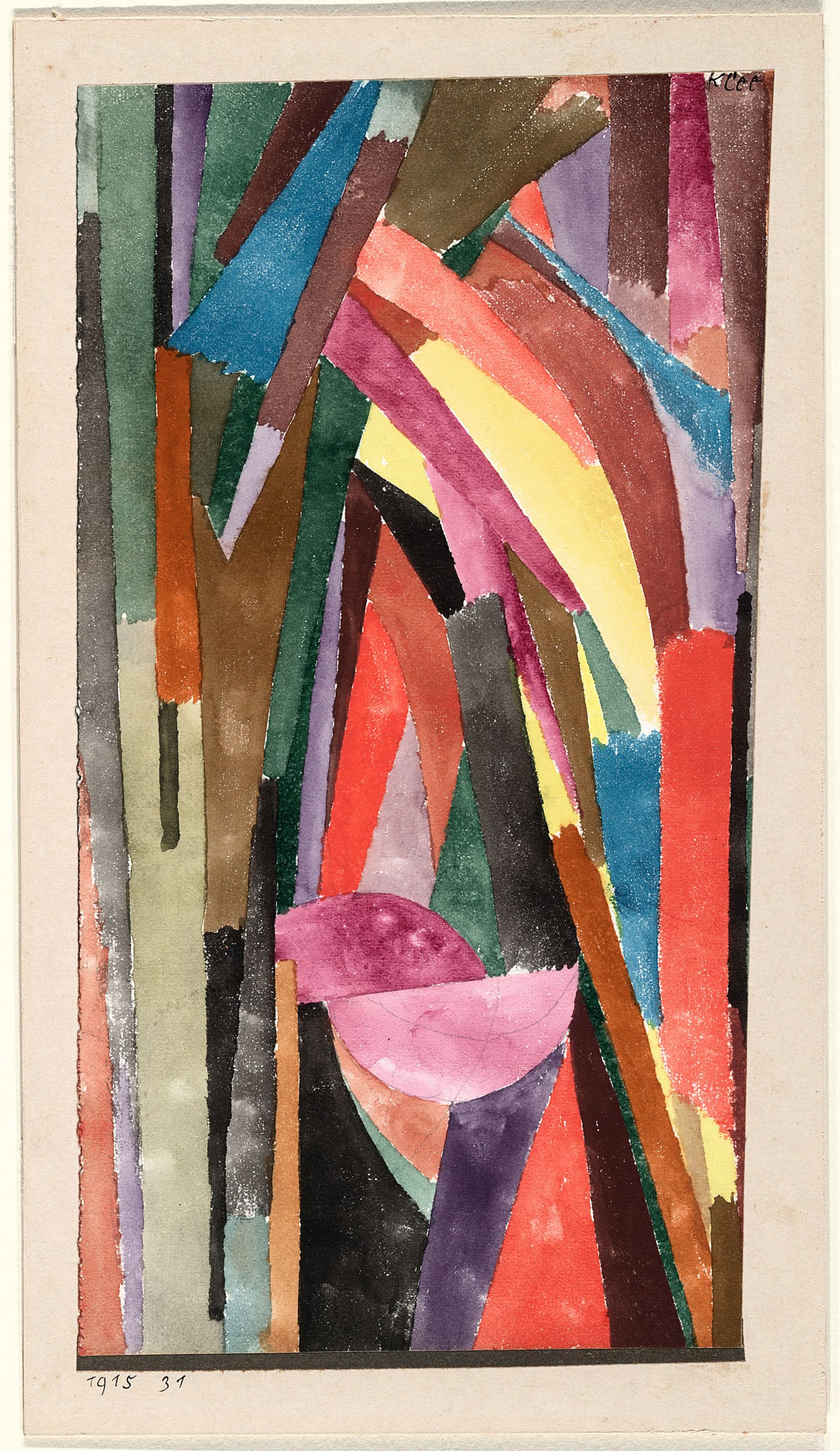 Paul Klee, “(Lustig?) [Lachende Gothik] [(Drôle?) [Gothique joyeux]]” (1915), watercolor and pastel on paper, metallic paper borders on card (courtesy the Museum of Modern Art, New York © 2016; digital image, The Museum of Modern Art, New York/Scala, Florence)