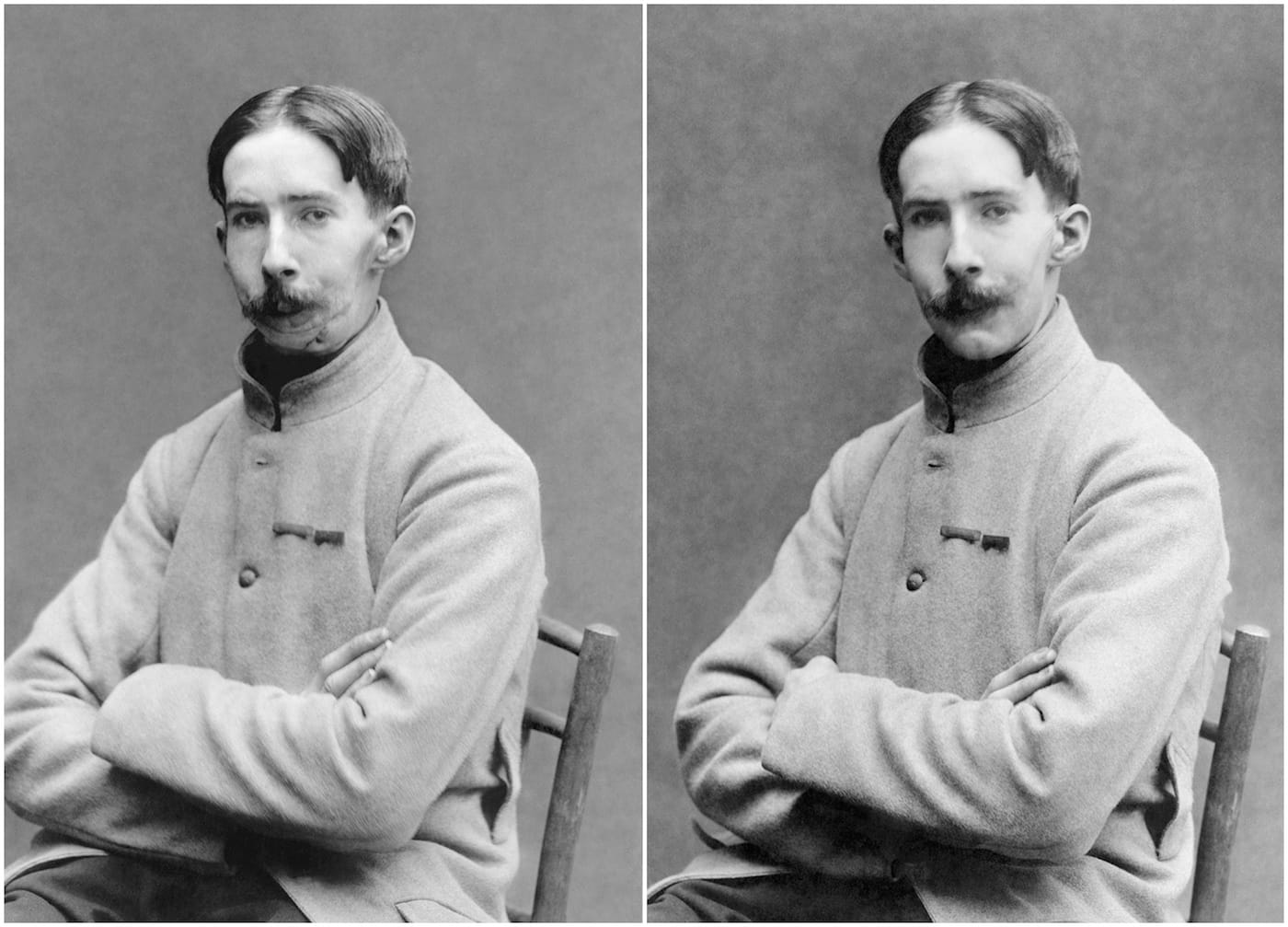 A French soldier before and after being fitted with a mask by Anna Coleman Ladd (via Wikimedia)