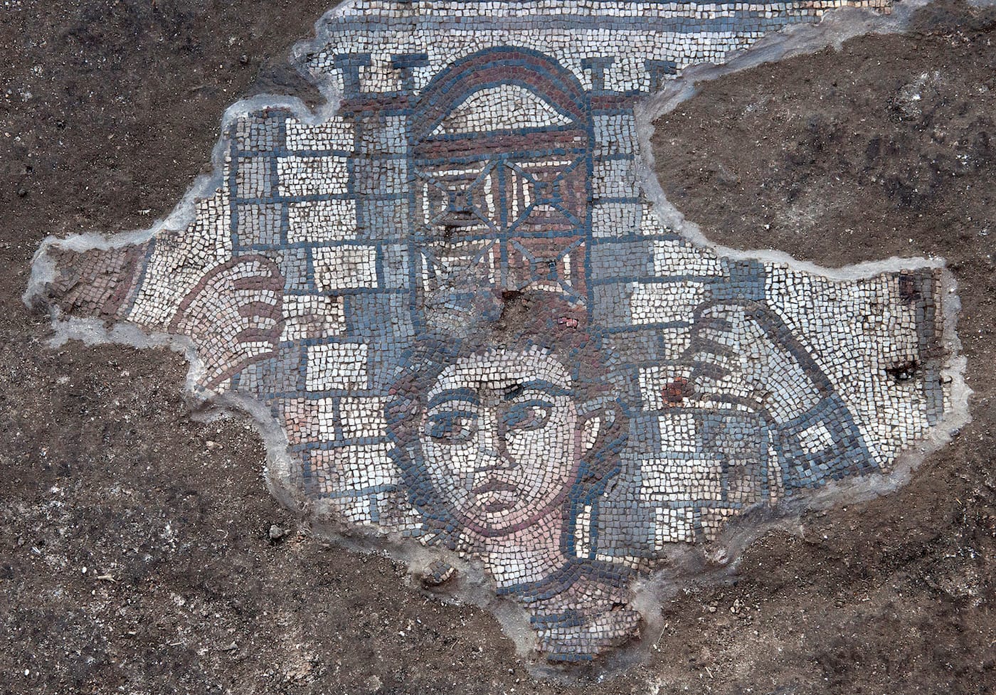 Mosaic showing Samson carrying the gate of Gaza, from the Huqoq excavations, directed by Jodi Magness.
