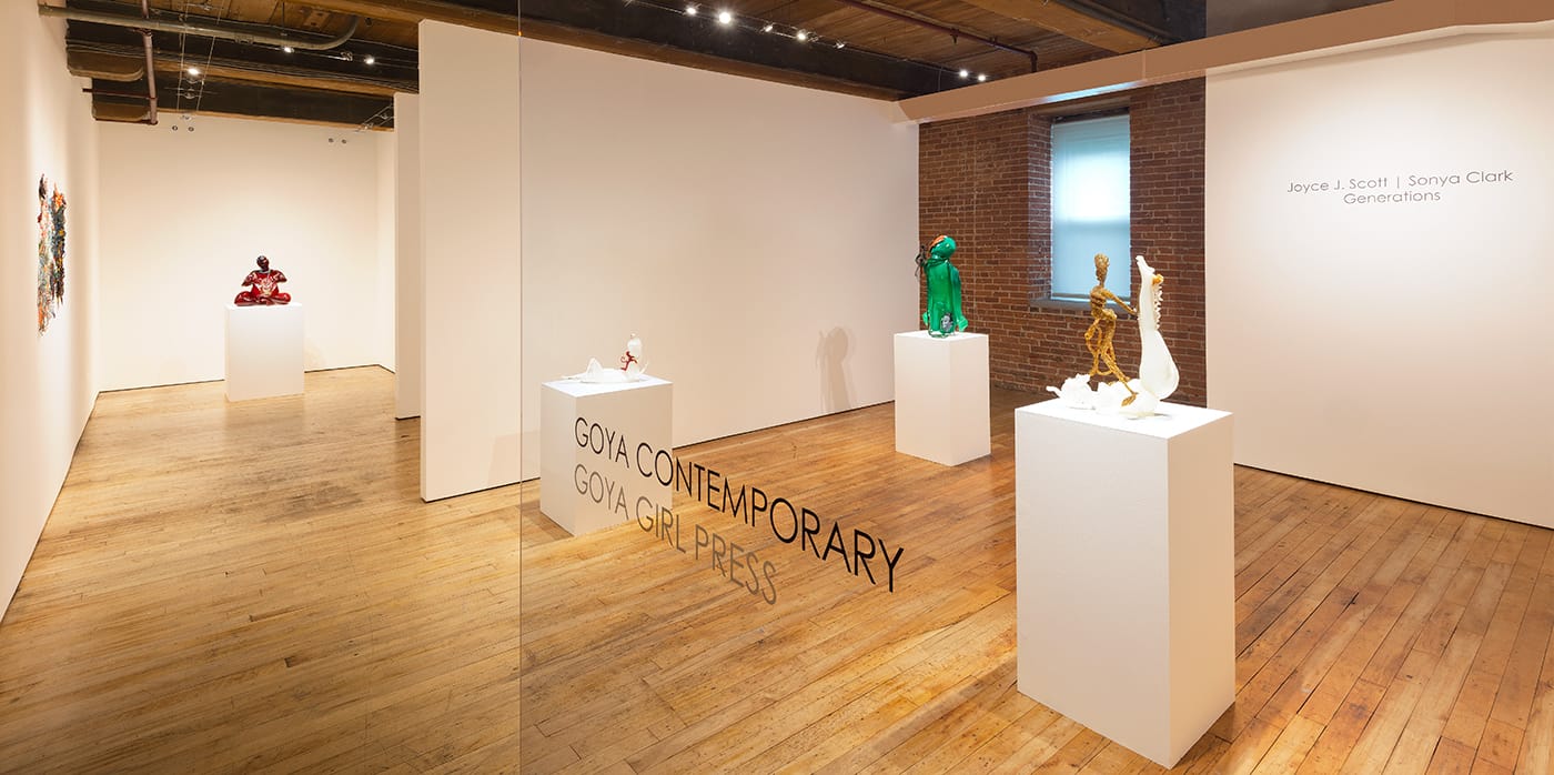Installation view, 'Generations: Joyce J. Scott | Sonya Clark' at Goya Contemporary Gallery, Baltimore (photo by Joe Hyde, courtesy Goya Contemporary) (click to enlarge)