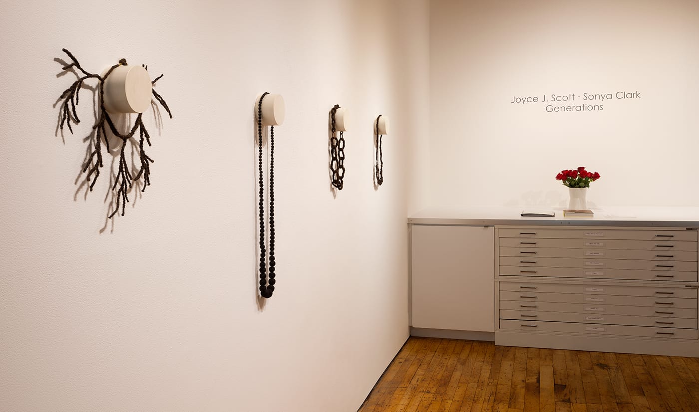 Installation view, 'Generations: Joyce J. Scott | Sonya Clark' at Goya Contemporary Gallery, Baltimore (photo by Joe Hyde, courtesy Goya Contemporary)