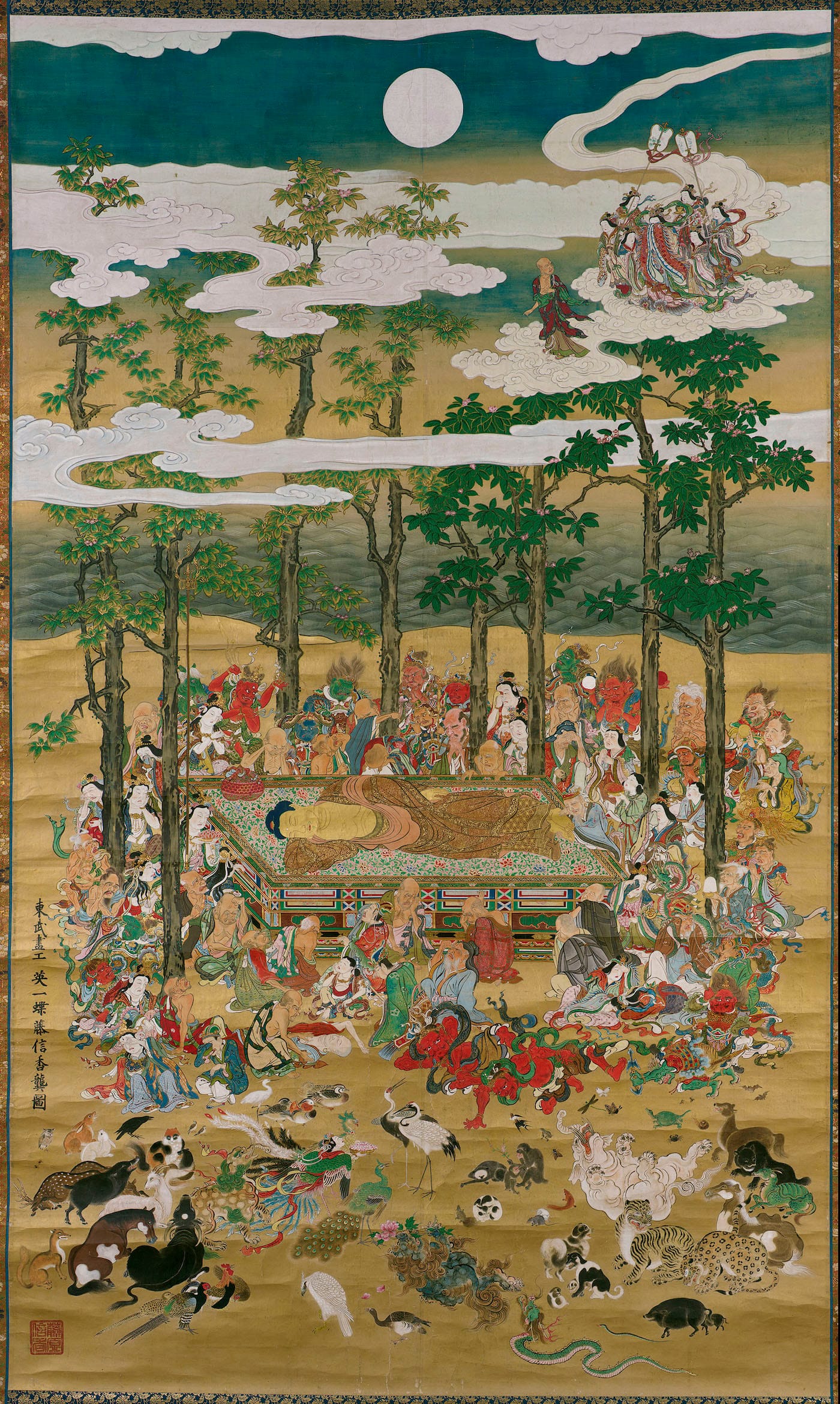The Death of the Historical Buddha Hanabusa Itchô (Japanese, 1652–1724) 1713 (Shôtoku 3) Hanging scroll; ink, color, and gold on paper * Fenollosa-Weld Collection * Photograph © Museum of Fine Arts, Boston