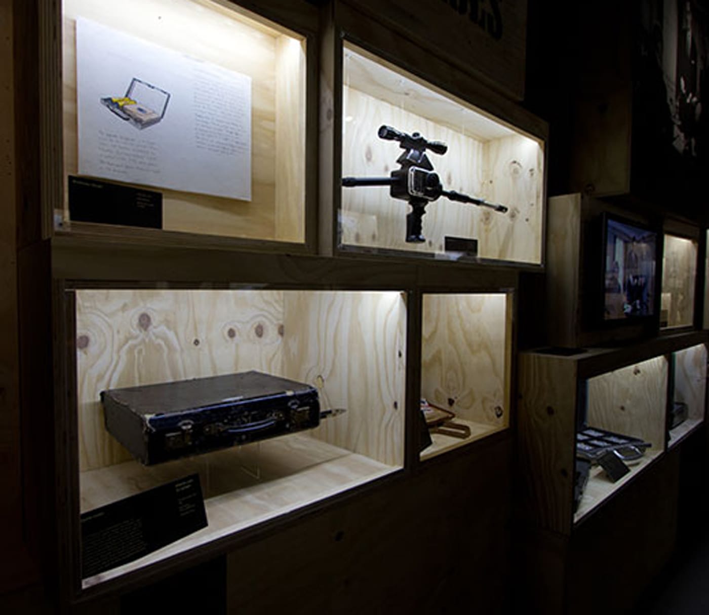 Installation view of the section of 'James Bond, 007 the Exhibition' devoted to the Q character (photo by the author for Hyperallergic)