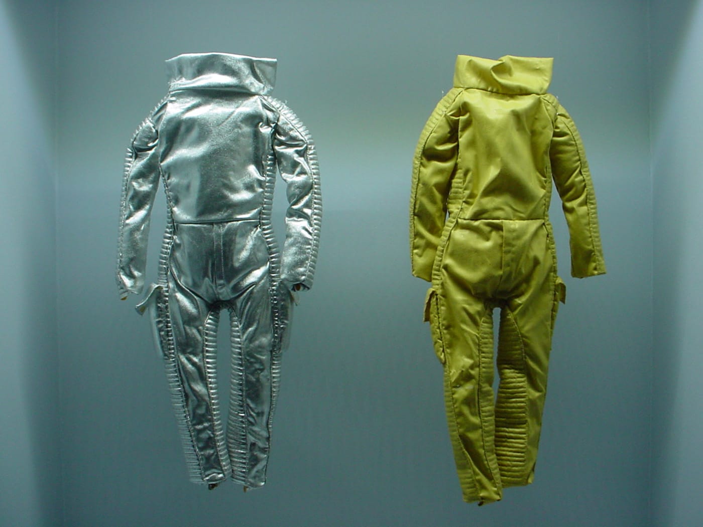 Miniature space suit prototypes by Jacques Fonteray for 'Moonraker' (1979) (photo by the author for Hyperallergic)