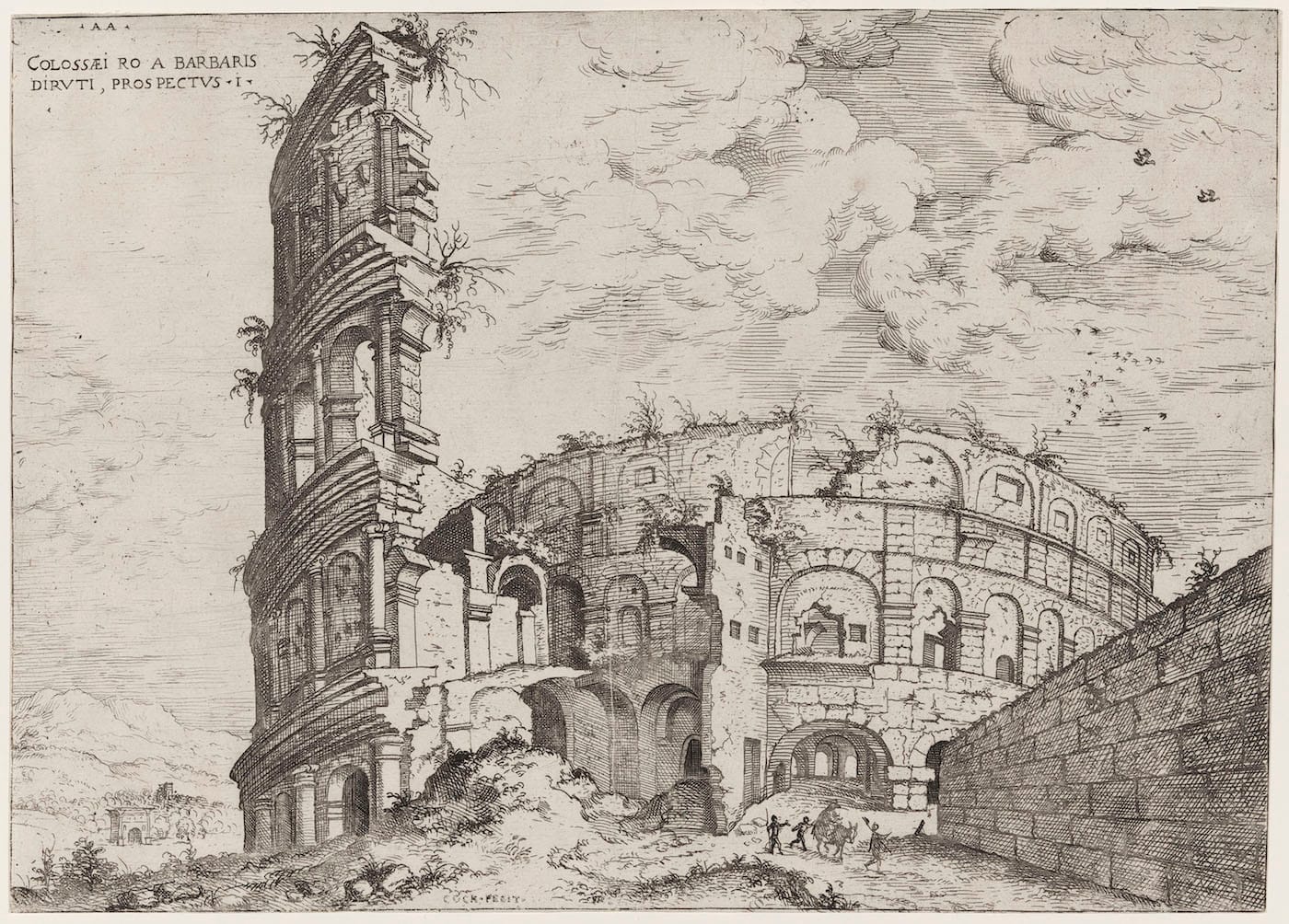 Hieronymus Cock, "First View of the Roman Colosseum, Destroyed by the Barbarians" (1551), etching (© Museum of Fine Arts, Boston)