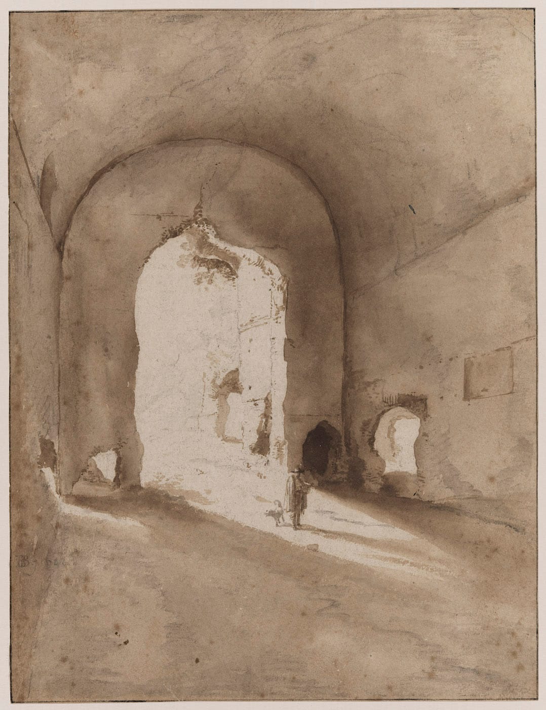 Bartholomaeus Breenbergh, "Roman Ruins ('Coliseo')" (1627), brush with brown and gray wash and black chalk (or graphite) on
cream laid paper (© Museum of Fine Arts, Boston)