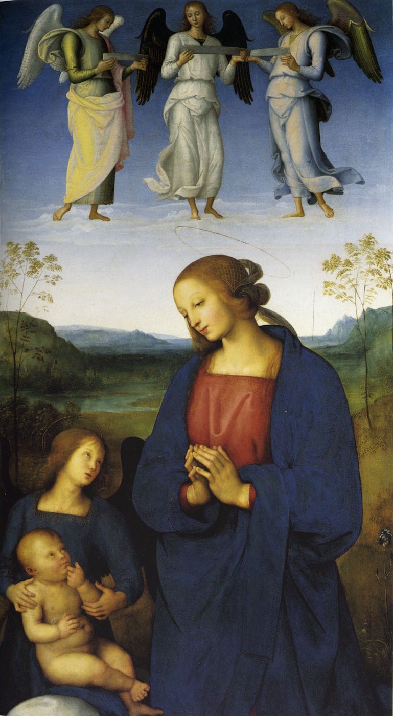 Pietro Perugino, "Polittico della Certosa di Pavia (Vergine col Bambino e angeli)" (1500), with lapis lazuli used in its blues (via National Gallery/Wikimedia)