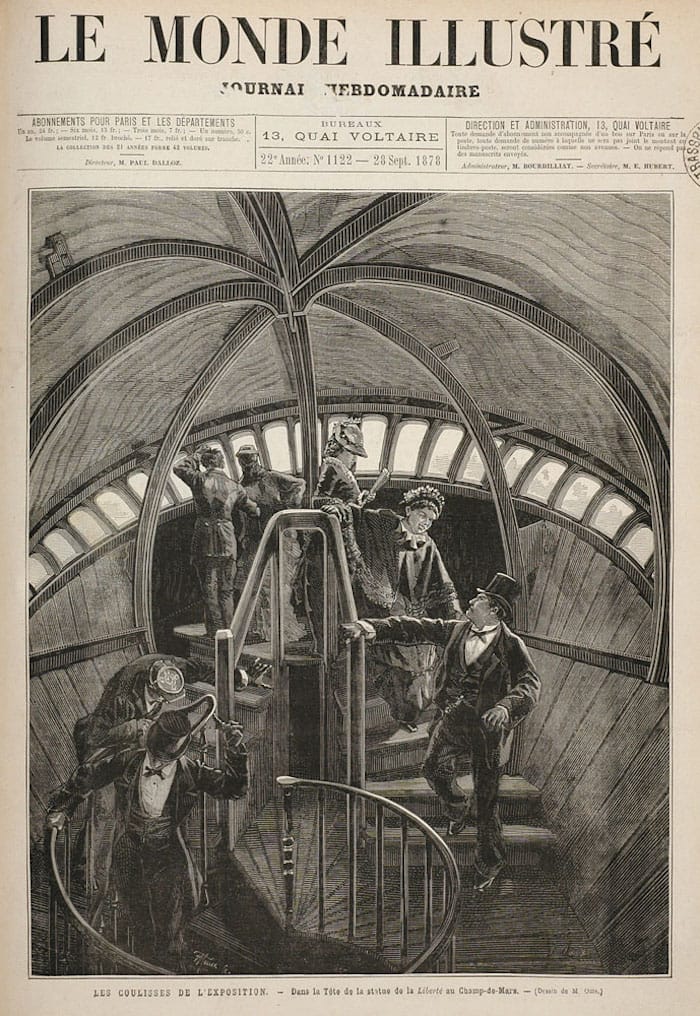 F. Moller, "Les coulisses de l’Exposition. Dans la tête de la Statue de la Liberté au Champ- de-Mars," after a drawing by M. Oms (1878) 
