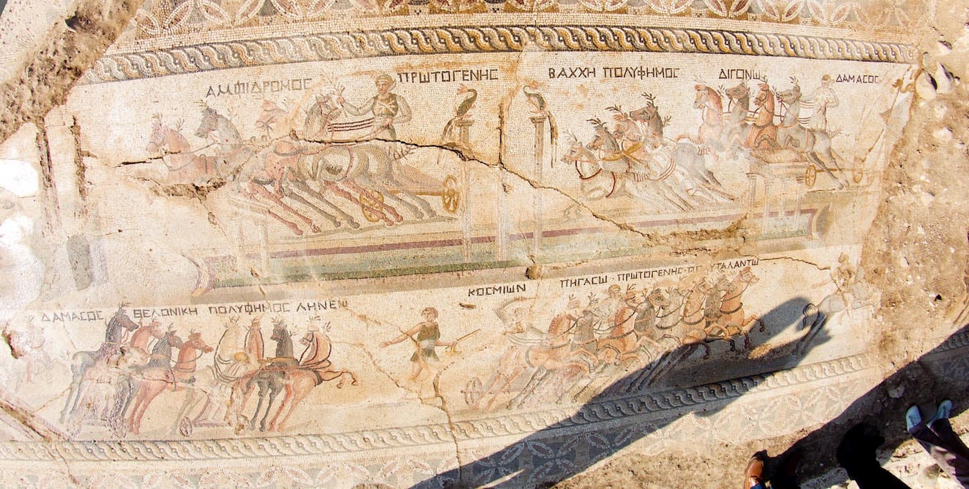 Mosaic at the site of Akaki, Lefkosia, Cyprus showing a chariot race (all photos by Stavros Ioannides via Cyprus' Press and Information Office unless otherwise noted) 