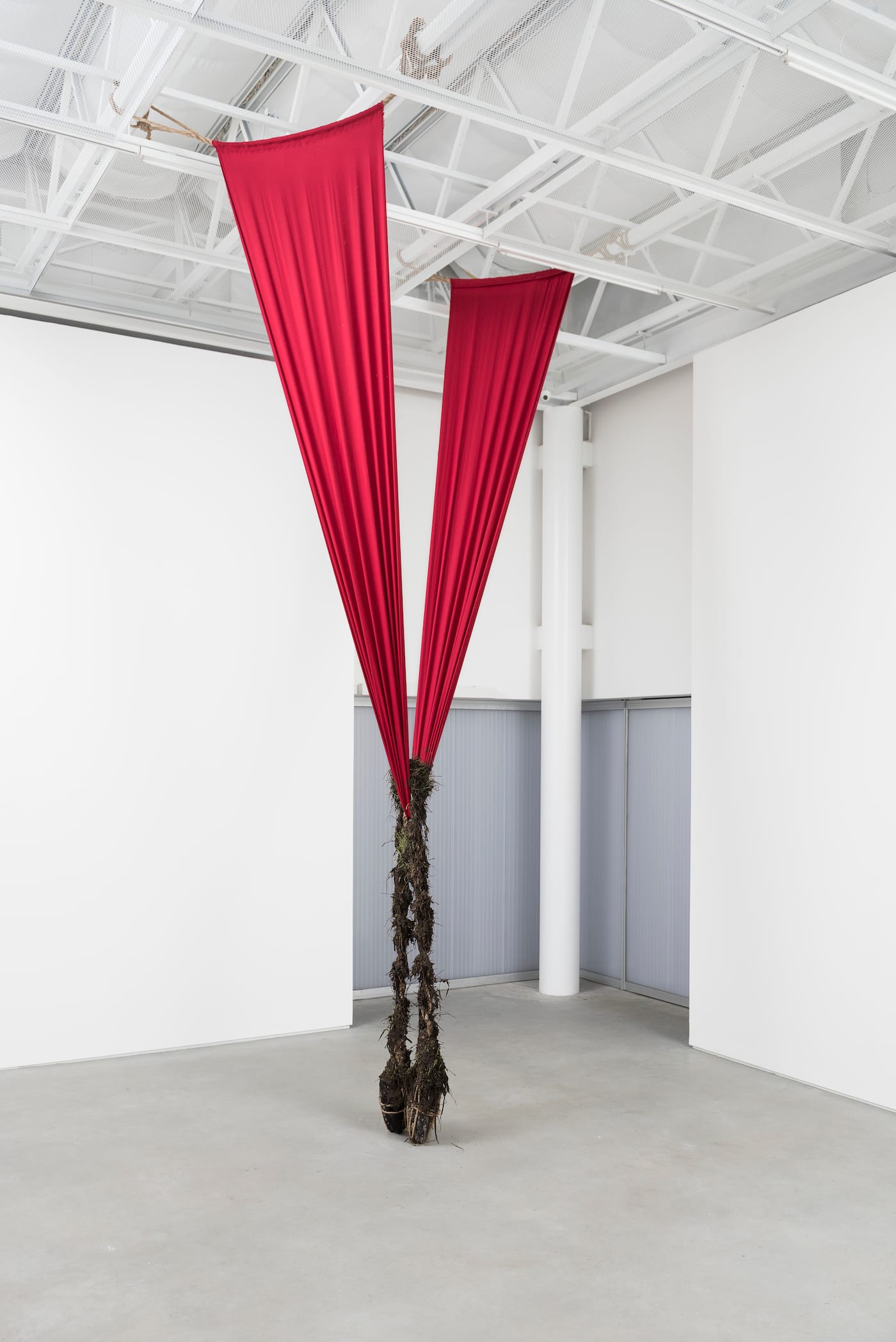 Daniel Lie, "T.D.P." (2016), two tourmalines, hemp rope, jute fabric, cotton fabric, mud, and linseeds