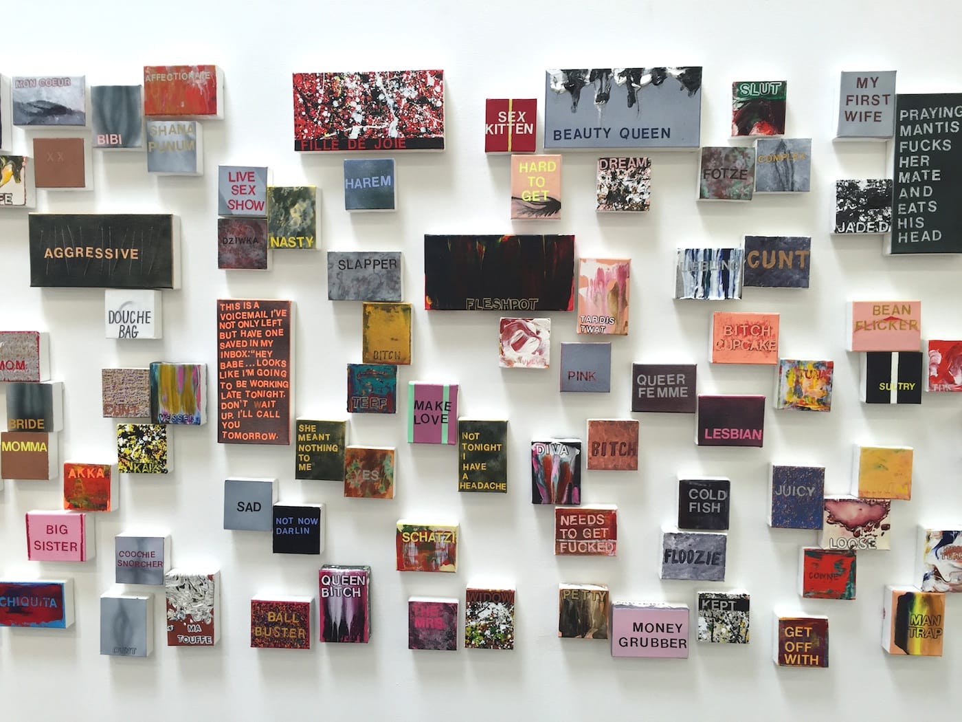 Betty Tompkins, installation view of "WOMEN: Words, Phrases, and Stories" (photo by the author for Hyperallergic)