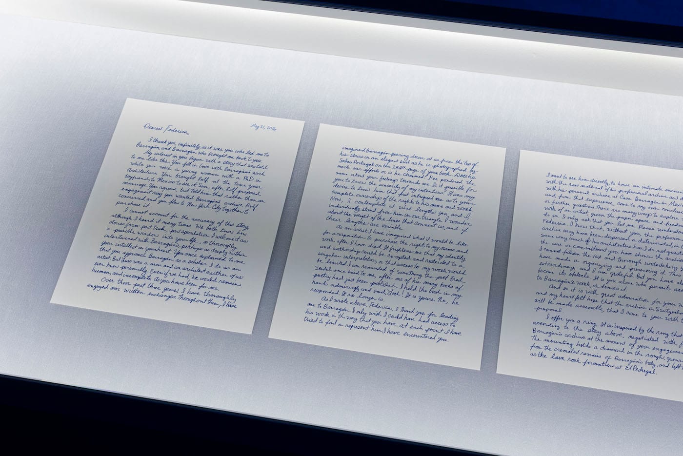 Jill Magid, facsimile of the "Proposal Letter" to Federica Zanco, 4 pages; 35 x 58.5 x 21.5 in (photograph by Stefan Jaeggi for Kunst Halle Sankt Gallen; courtesy of the artist; LABOR, Mexico City; RaebervonStenglin, Zurich; and Galerie Untilthen, Paris.