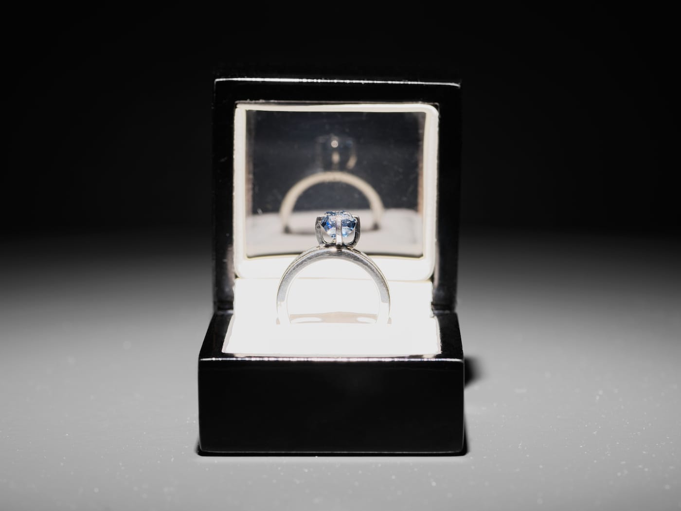 Jill Magid, "The Proposal" (2016, detail), uncut, 2.02 carat, blue diamond with micro-laser inscription “I am wholeheartedly yours,” silver ring, ring box, documents; setting design by Anndra Neen (photo by Stefan Jaeggi, courtesy Kunst Halle Sankt Gallen)