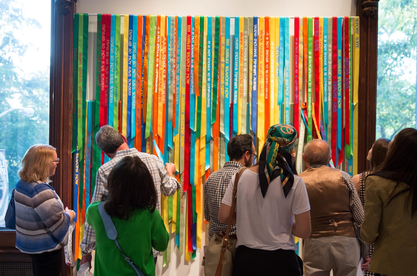 Andrea Bowers, Political Ribbons, 2016, screenprinted ribbons. Courtesy of the artist and Andrew Kreps Gallery, New York