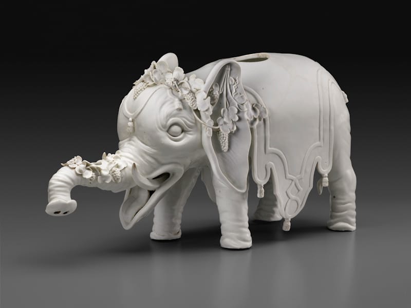 Du Paquier Porcelain Manufactory Elephant Wine Dispenser, ca. 1740 Du Paquier porcelain 9 1/8 × 18 1/4 × 6 in. (23.2 × 46.4 × 15.2 cm) Collection Melinda Martin Sullivan and Paul R.C. Sullivan, M.D. 2016.15.99
