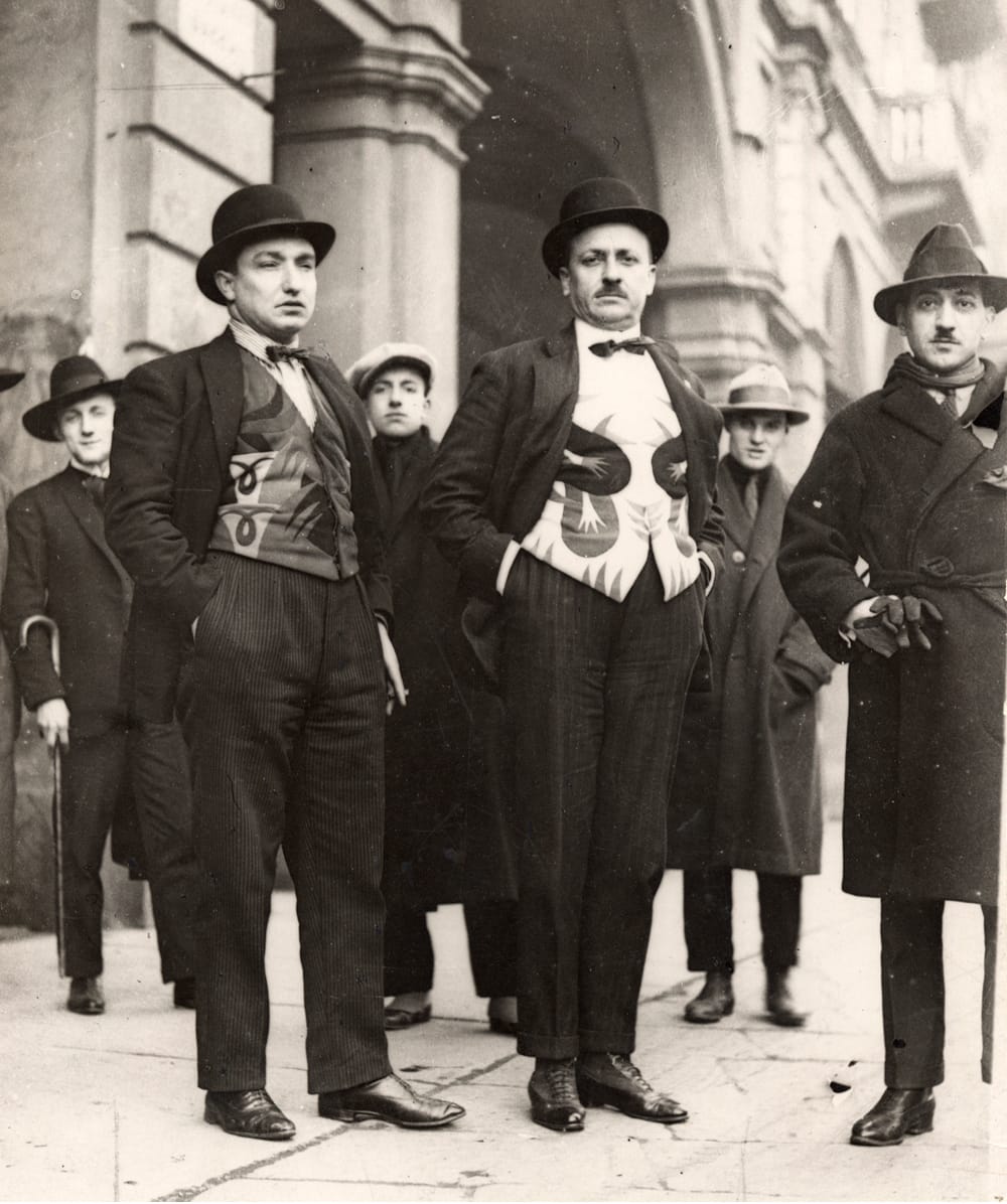 Fortunato Depero and Filippo Marinetti in Futurists vests (1925) (used with permission of The Museum of Modern and Contemporary Art of Trento and Rovereto)