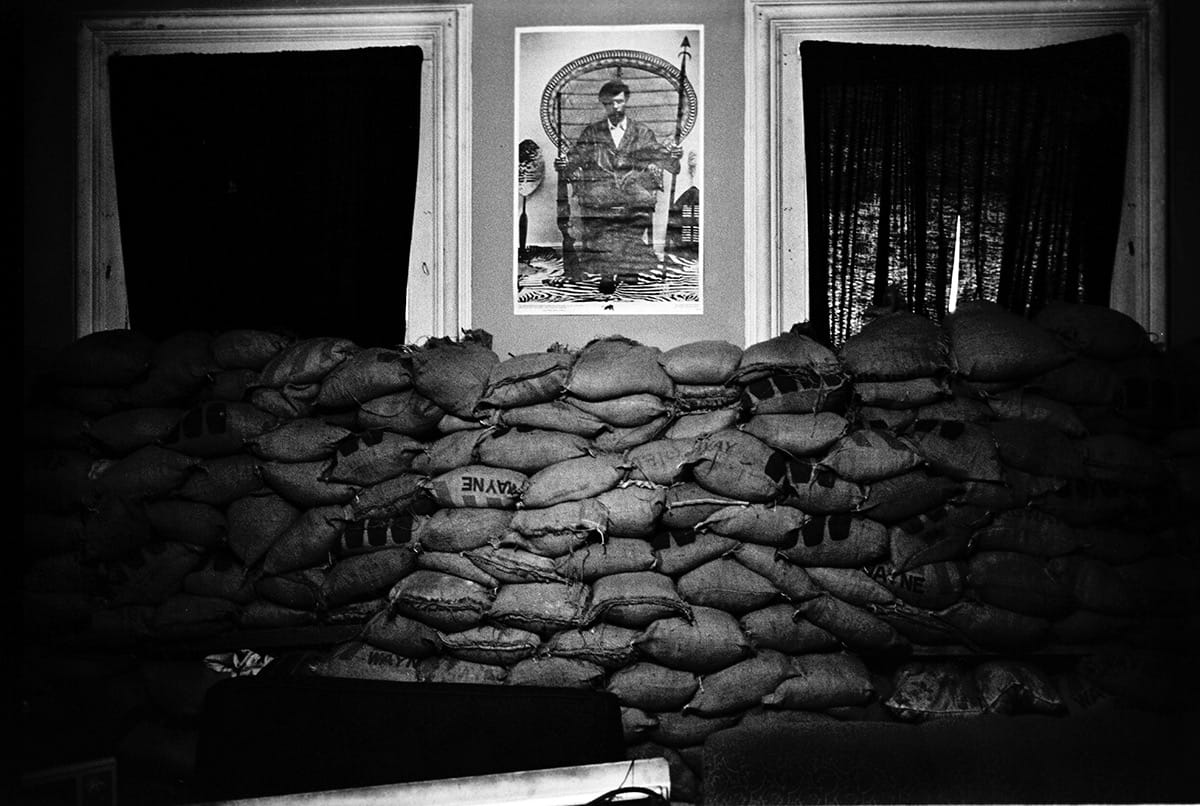 Stephen Shames Sand bags line the walls of the New Haven Panther office to protect against a suspected police raid during the Bobby Seal trial, New Haven, Connecticut, USA, May 1, 1970 Gelatin silver print, printed 2016 16 x 20 in Edition of 8